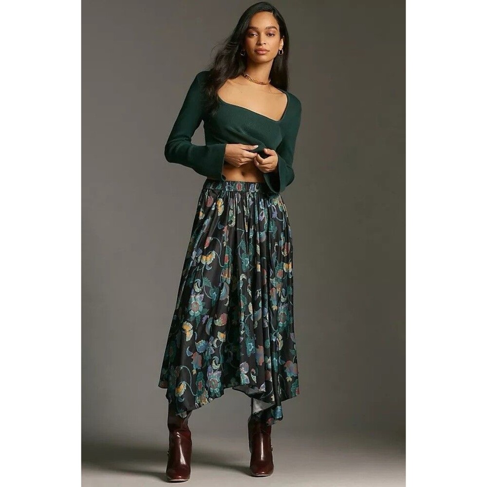 By Anthropologie Sleek A-Line Skirt Black Blue Multi Size L Boho Preppy